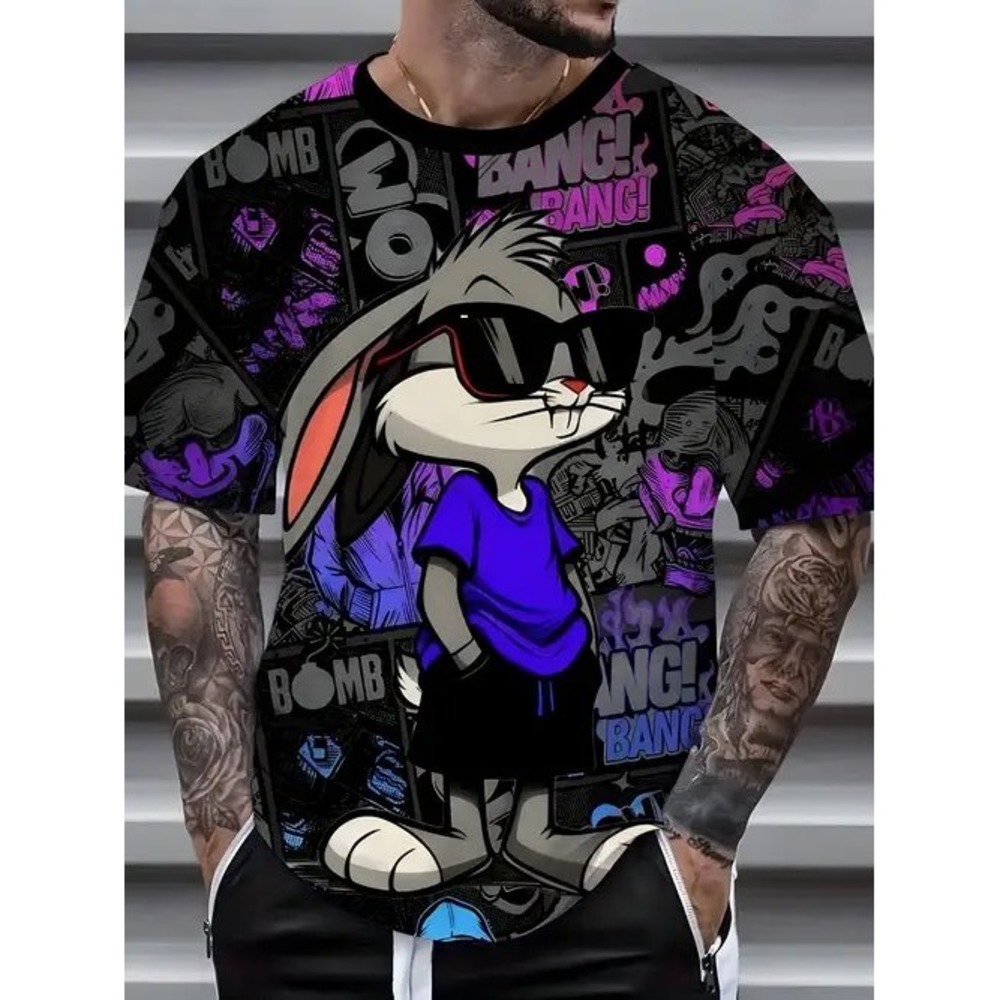 Bugs Bunny Graphic T-Shirt Mens Streetwear All Over Print Comic Bang Bomb Black